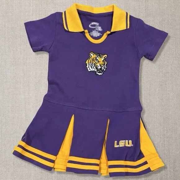 LSU Tigers Toddler Cheer Dress 2T Purple Gold Mascot Logo Pleated Skirt - Picture 1 of 4